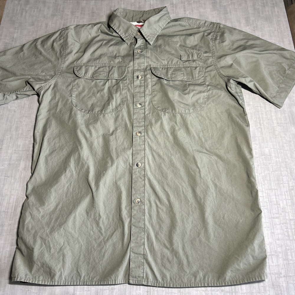 Wrangler Premium Olive Green Short Sleeve Button Up Shirt Mens Medium Fishing